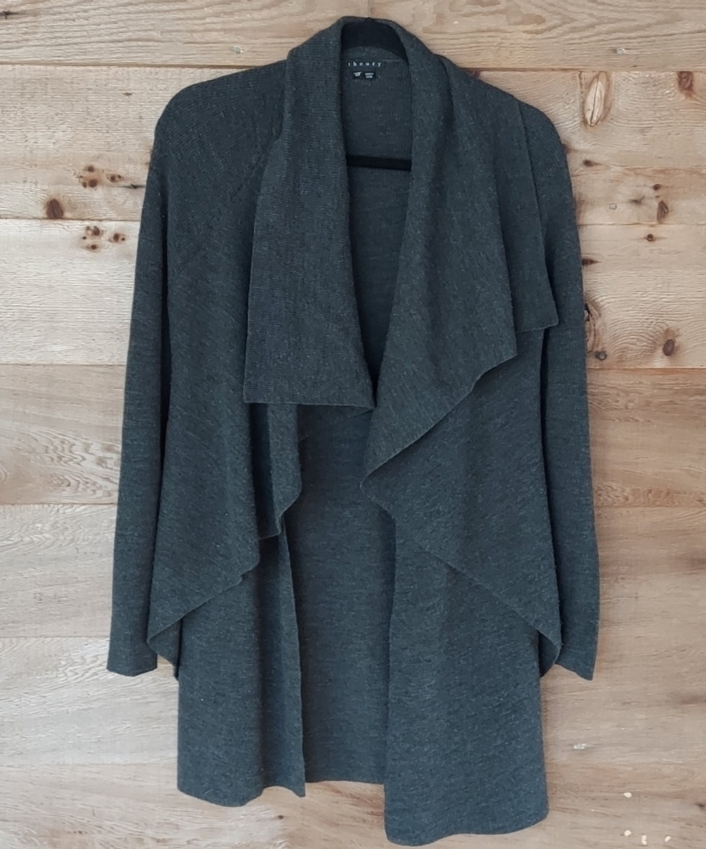 Theory Dark Gray Layered Draped Collar Cardigan Sm